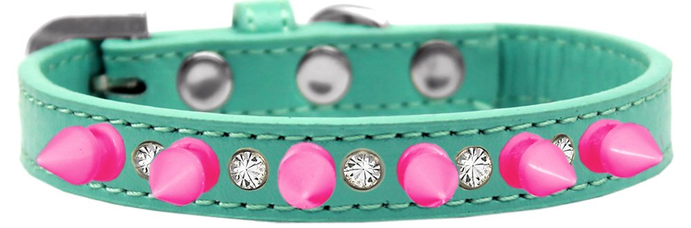 Crystal and Bright Pink Spikes Dog Collar Aqua Size 12